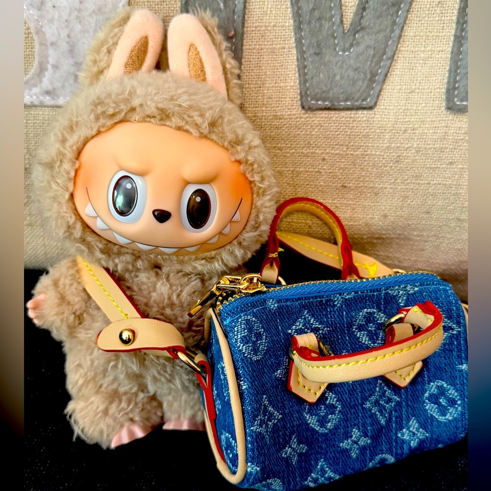 Blue Denim Mini Bag with Beige and Red Accents - BAG ONLY LABUBU NOT INCLUDED